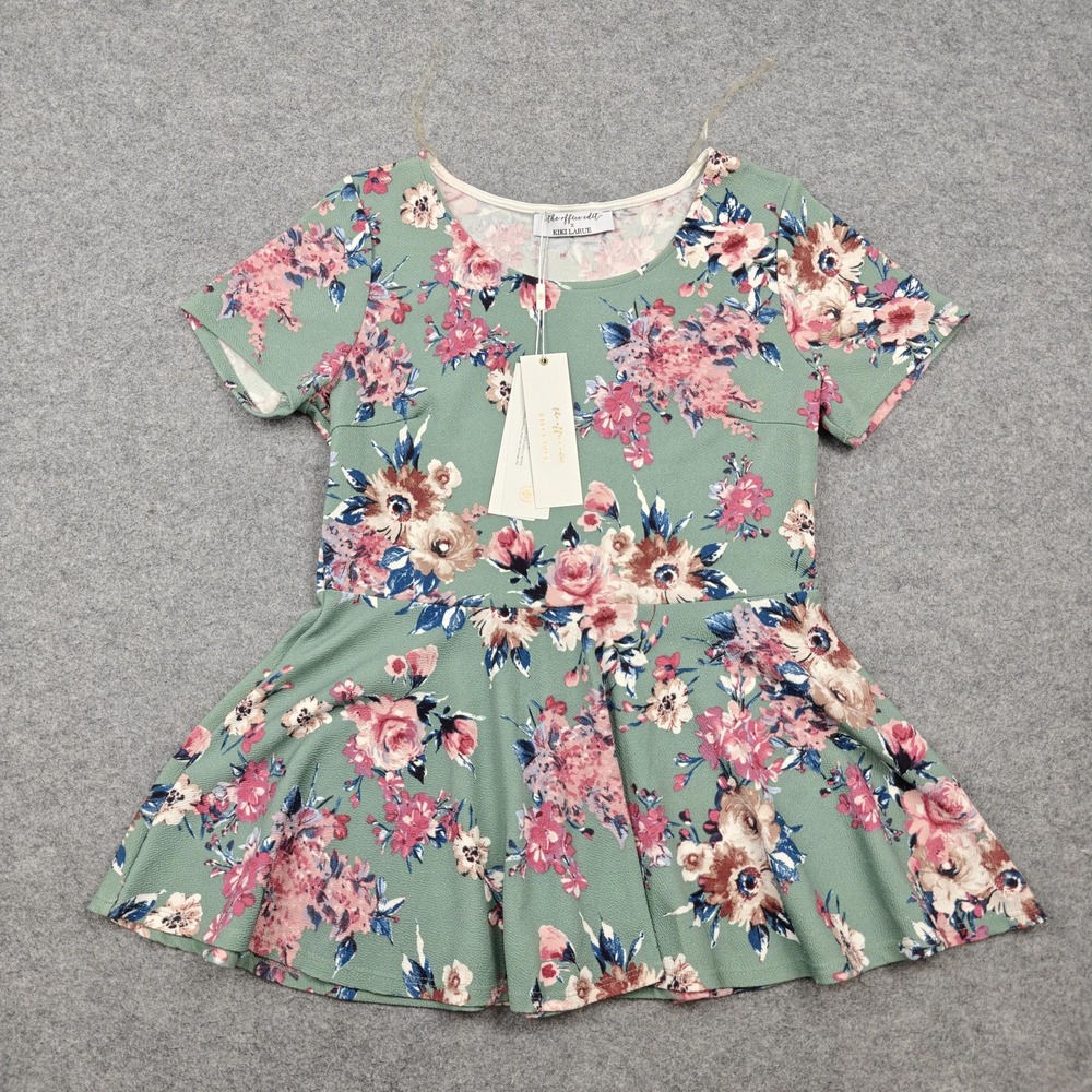Kiki LaRue Blouse Womens Large Green Floral Peplum Short Sleeve Tunic Top New